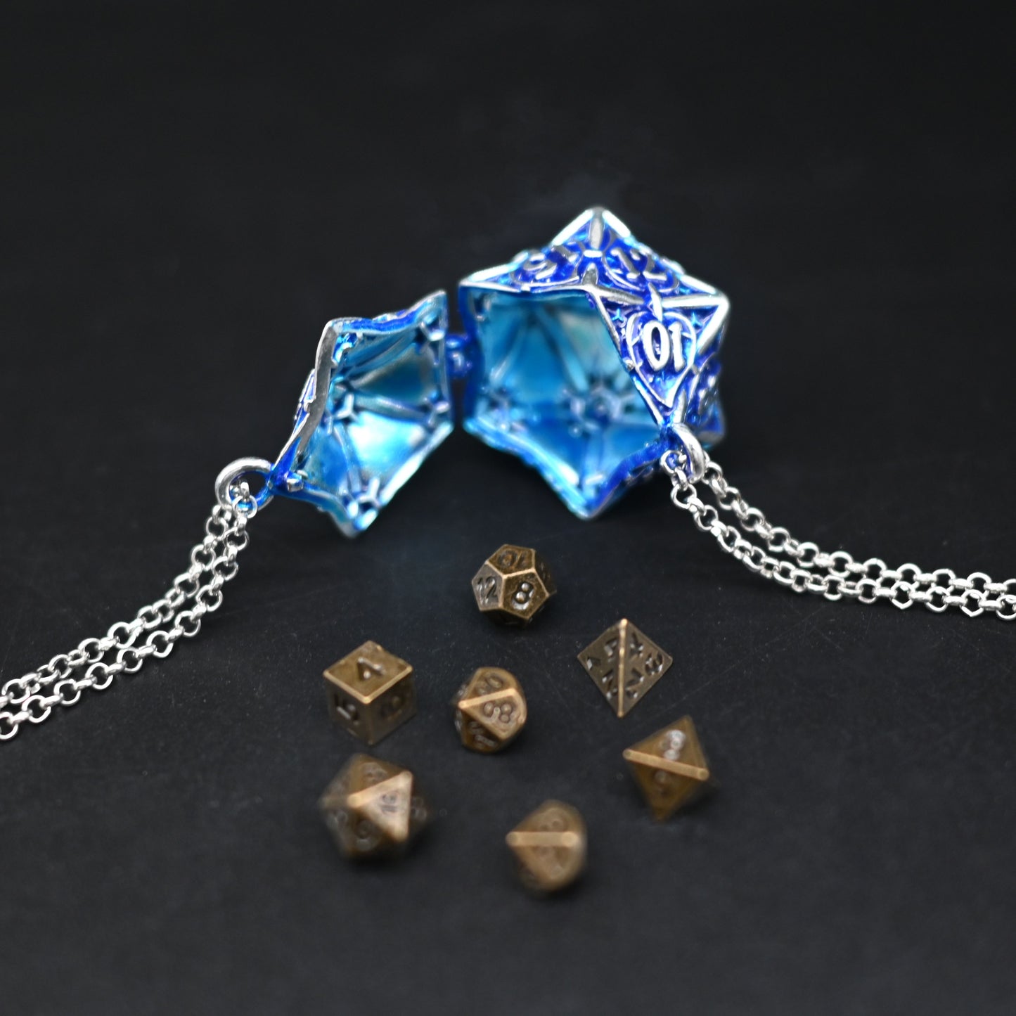 Leaflock | Ancient Gold D20 Pendant Necklace with Mini Metal Dice