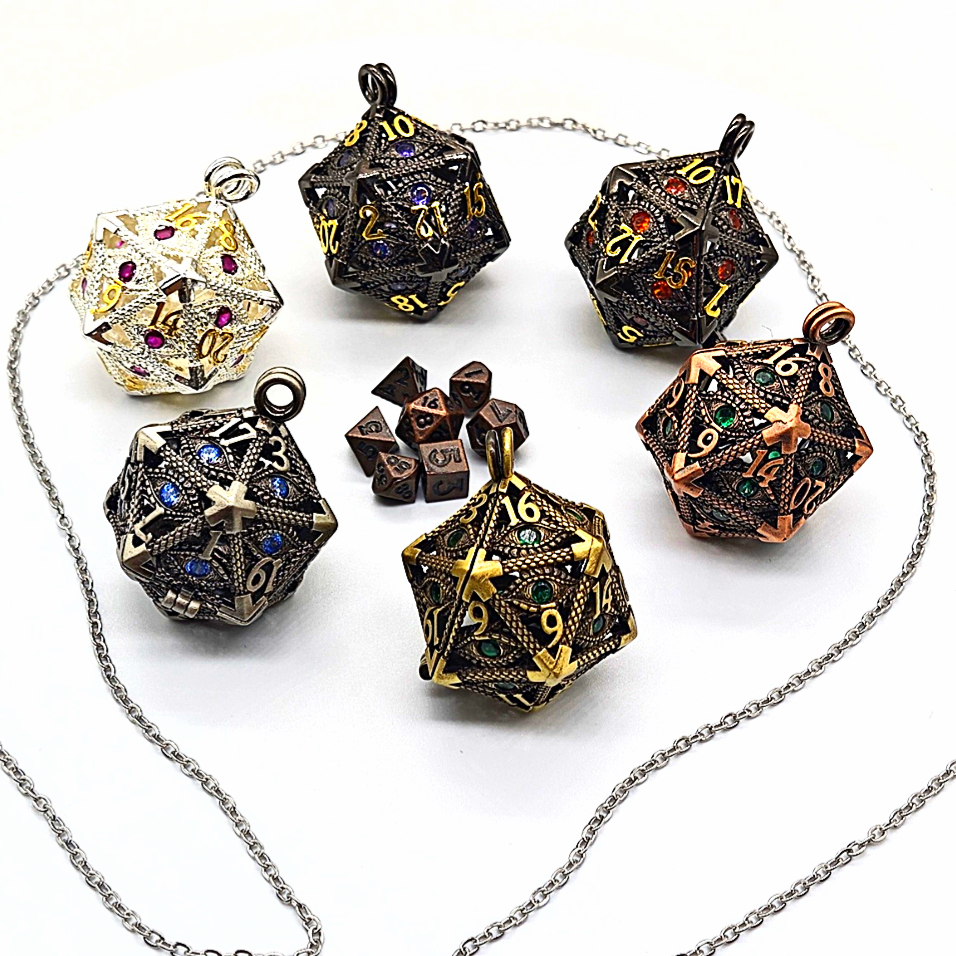 Arcadrel | Ancient Gold w/Green Eye | D20 Pendant with Mini Dice