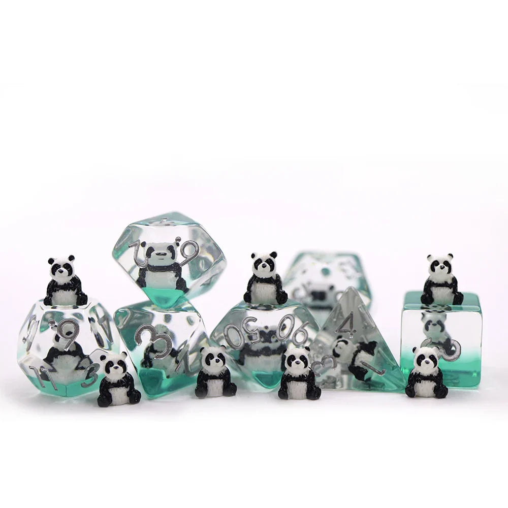Playful Pandas | Resin Inclusion Dice | 7 Piece Set