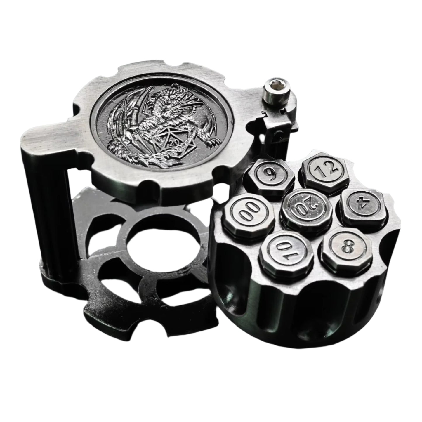 Hexchamber | Ancient Silver | Bullet Dice Set with Spinning Revolver Case