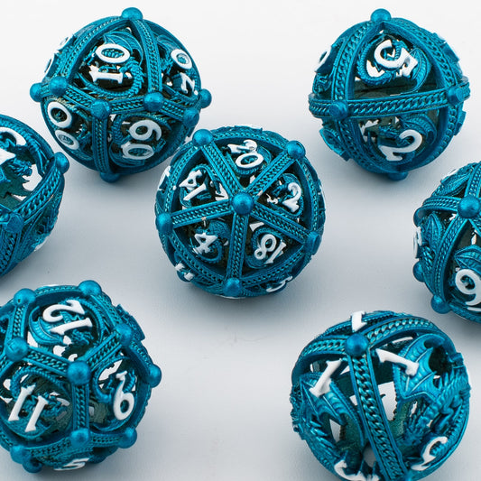 Azure Dragon Orb | Hollow Metal D&D Dice Set | 7 Piece