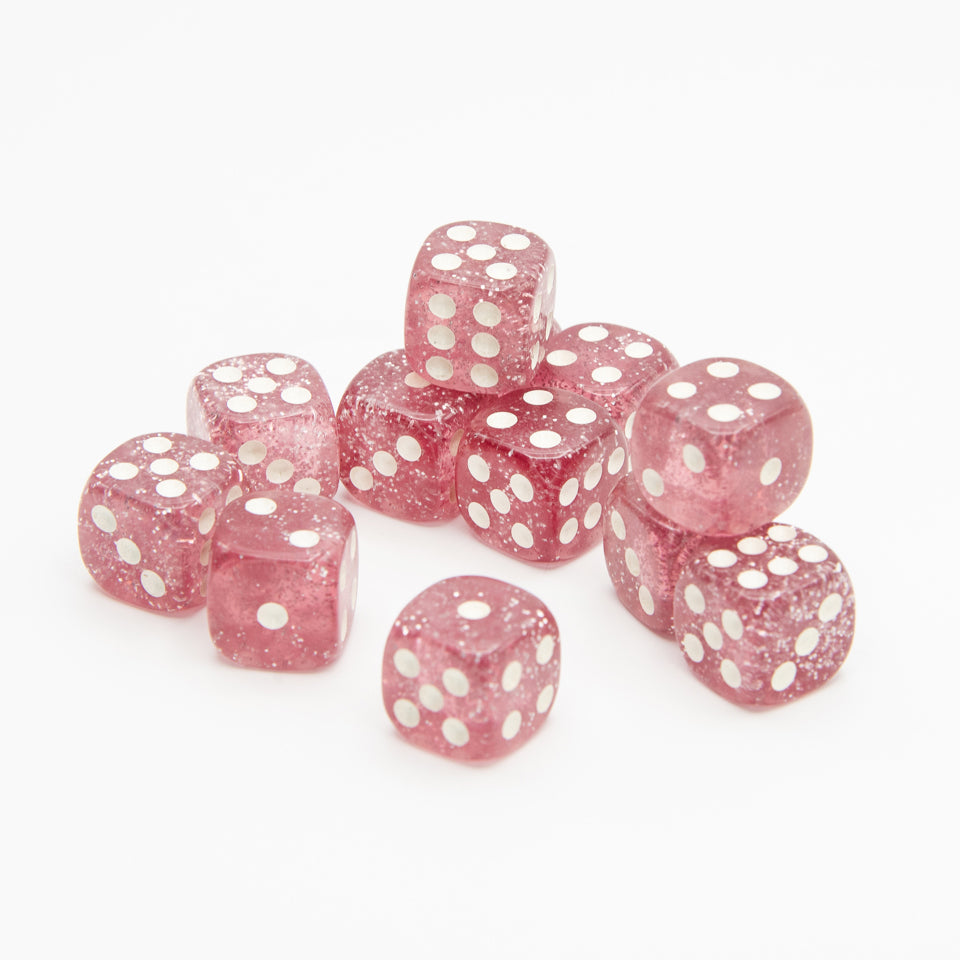 16mm D6 | Transparent Glint Light Red | Round Edge | 12 Pack