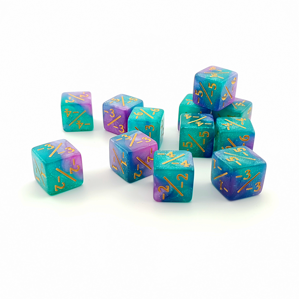 16mm D6 Dice Minus Counters | Purple & Teal | 12 Pack