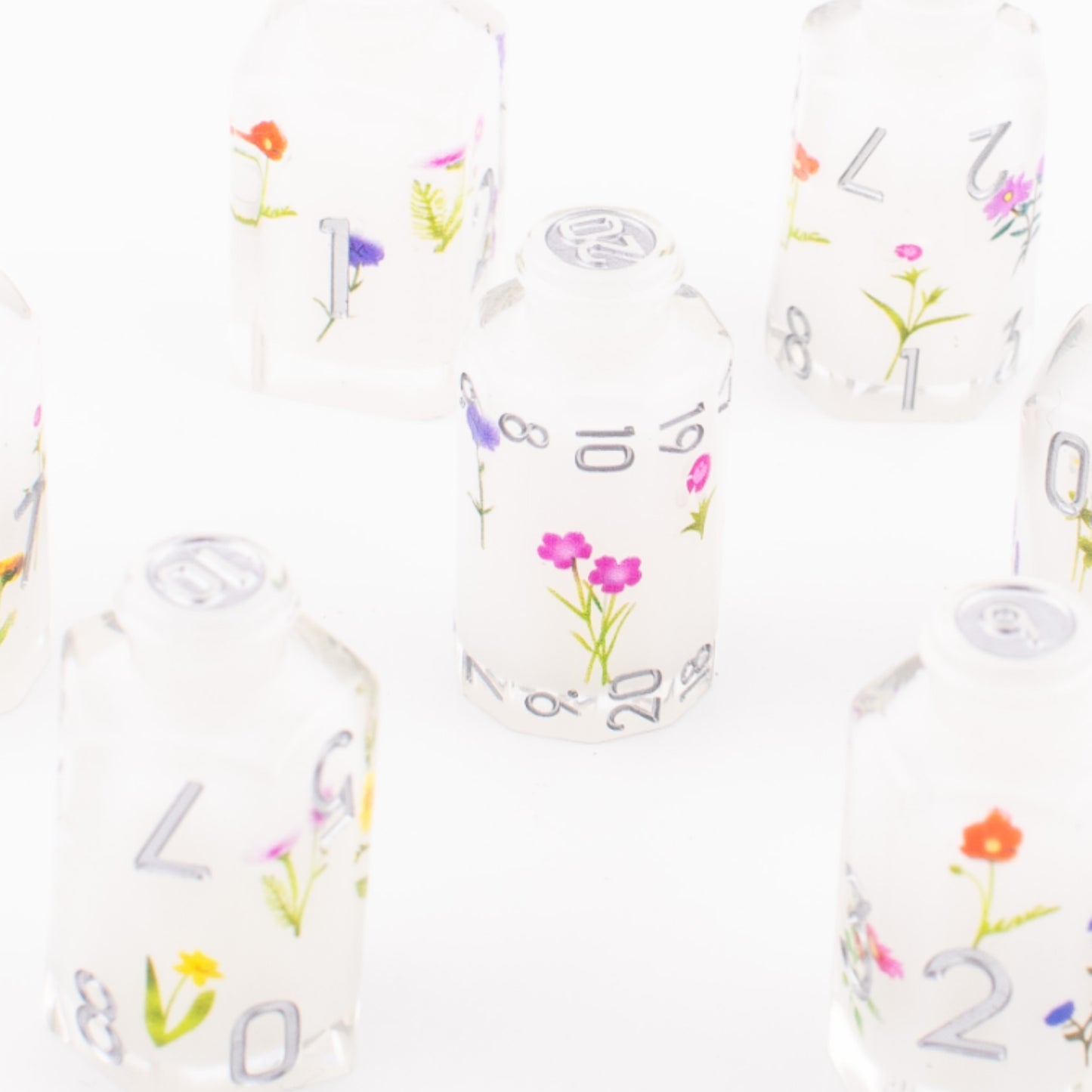 Floral Essence | Potion Bottle Resin Dice | Sharp Edge Dice | 7 Piece Set