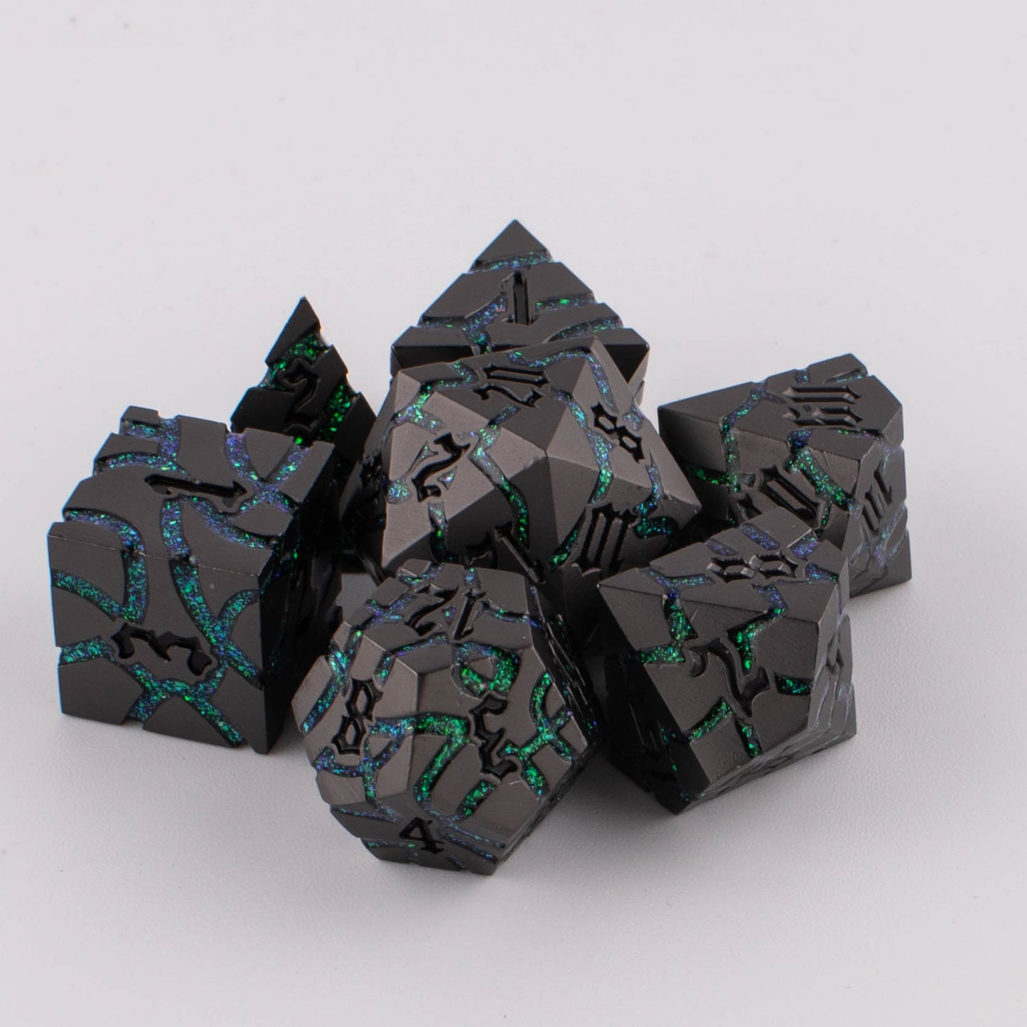 Abyssal Verdant | Cracked Metal Dice | Zinc Alloy | 7 Piece Set