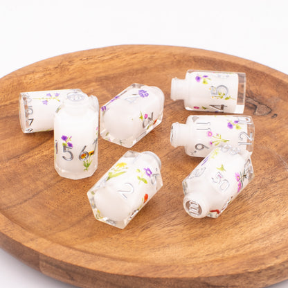 Floral Essence | Potion Bottle Resin Dice | Sharp Edge Dice | 7 Piece Set