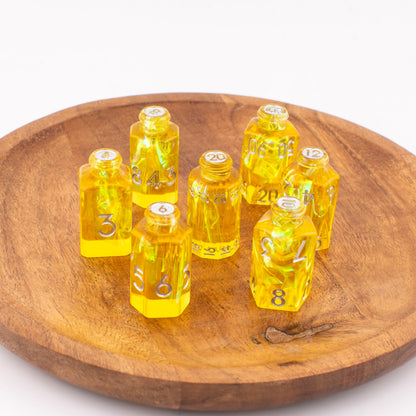 Golden Alchemy | Potion Bottle Resin Dice | Sharp Edge Dice | 7 Piece Set