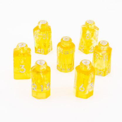 Golden Alchemy | Potion Bottle Resin Dice | Sharp Edge Dice | 7 Piece Set