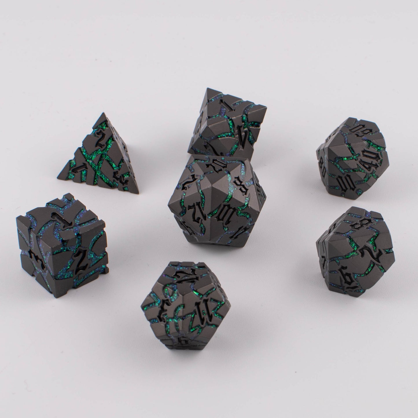 Abyssal Verdant | Cracked Metal Dice | Zinc Alloy | 7 Piece Set