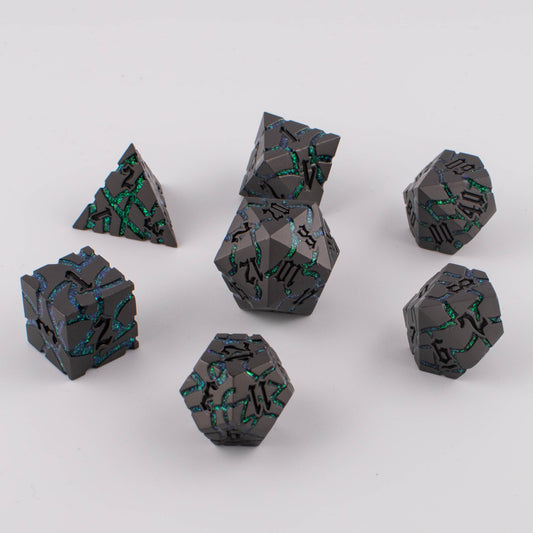 Abyssal Verdant | Cracked Metal Dice | Zinc Alloy | 7 Piece Set