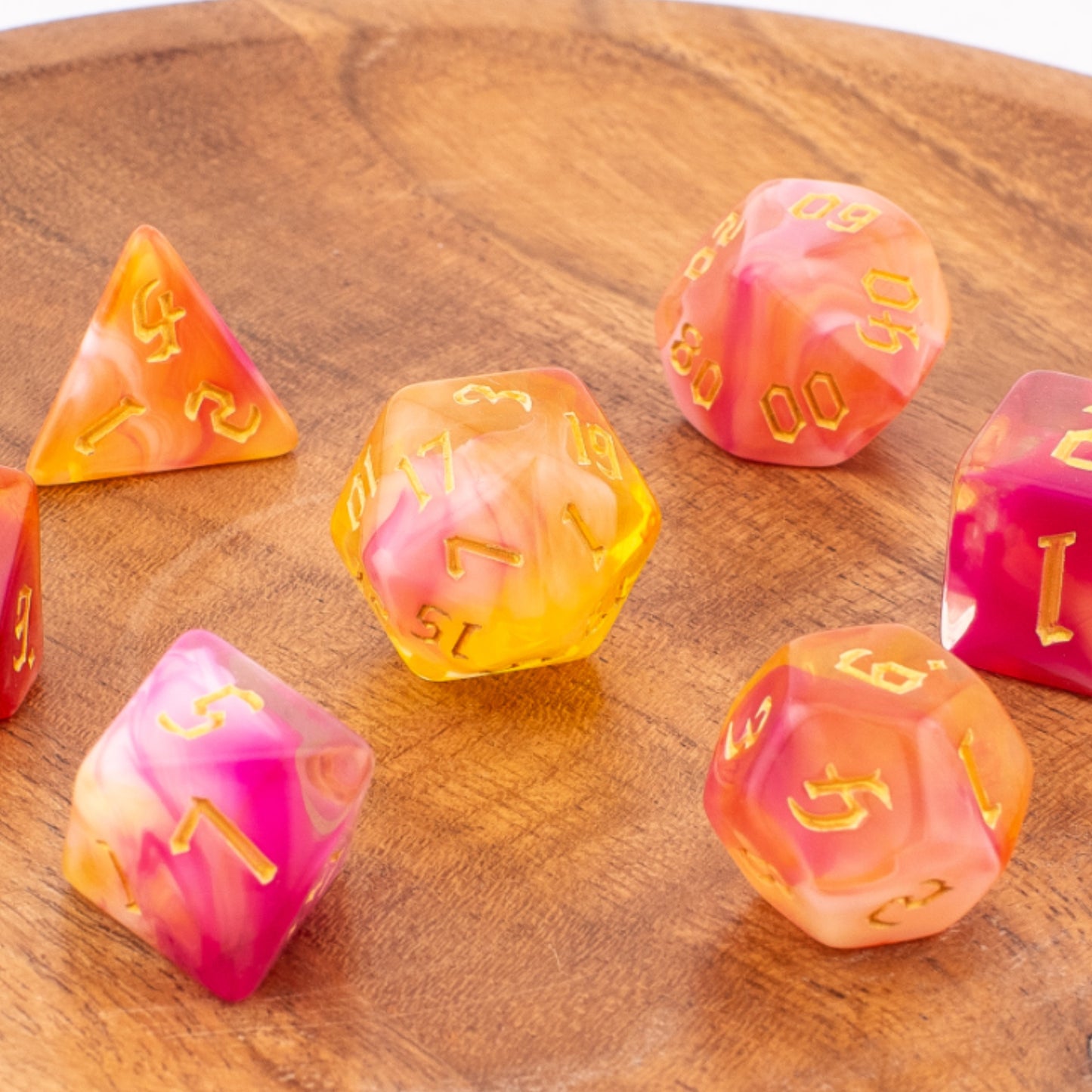 Sunset Swirl | Soft Edge Dice | Acrylic | 7 Piece Set