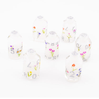 Floral Essence | Potion Bottle Resin Dice | Sharp Edge Dice | 7 Piece Set