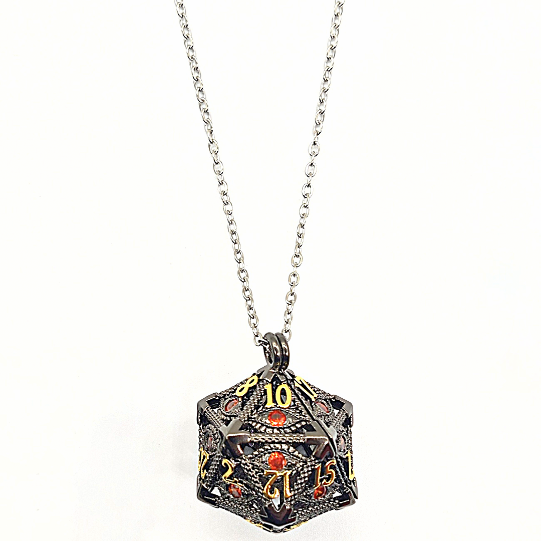 Arcadrel | Black w/Orange Eye | D20 Pendant with Mini Dice