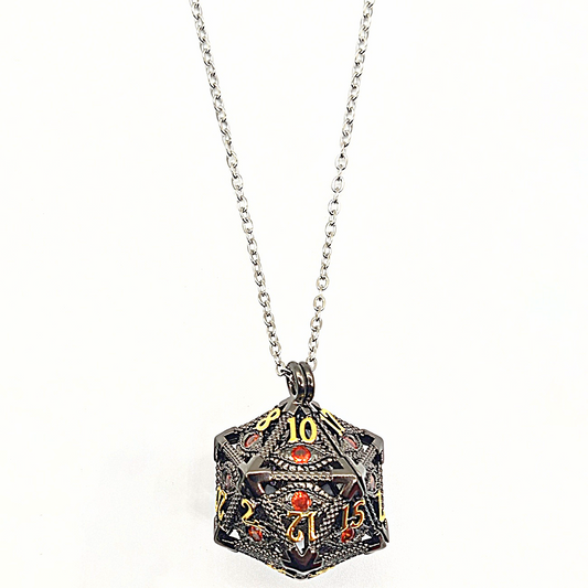 Arcadrel | Black w/Orange Eye | D20 Pendant with Mini Dice