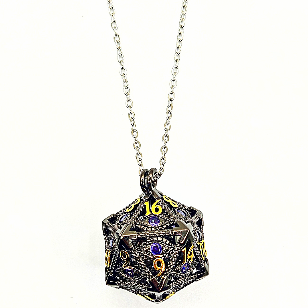 Arcadrel | Black w/Purple Eye | D20 Pendant with Mini Dice