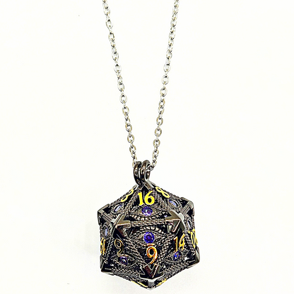 Arcadrel | Black w/Purple Eye | D20 Pendant with Mini Dice