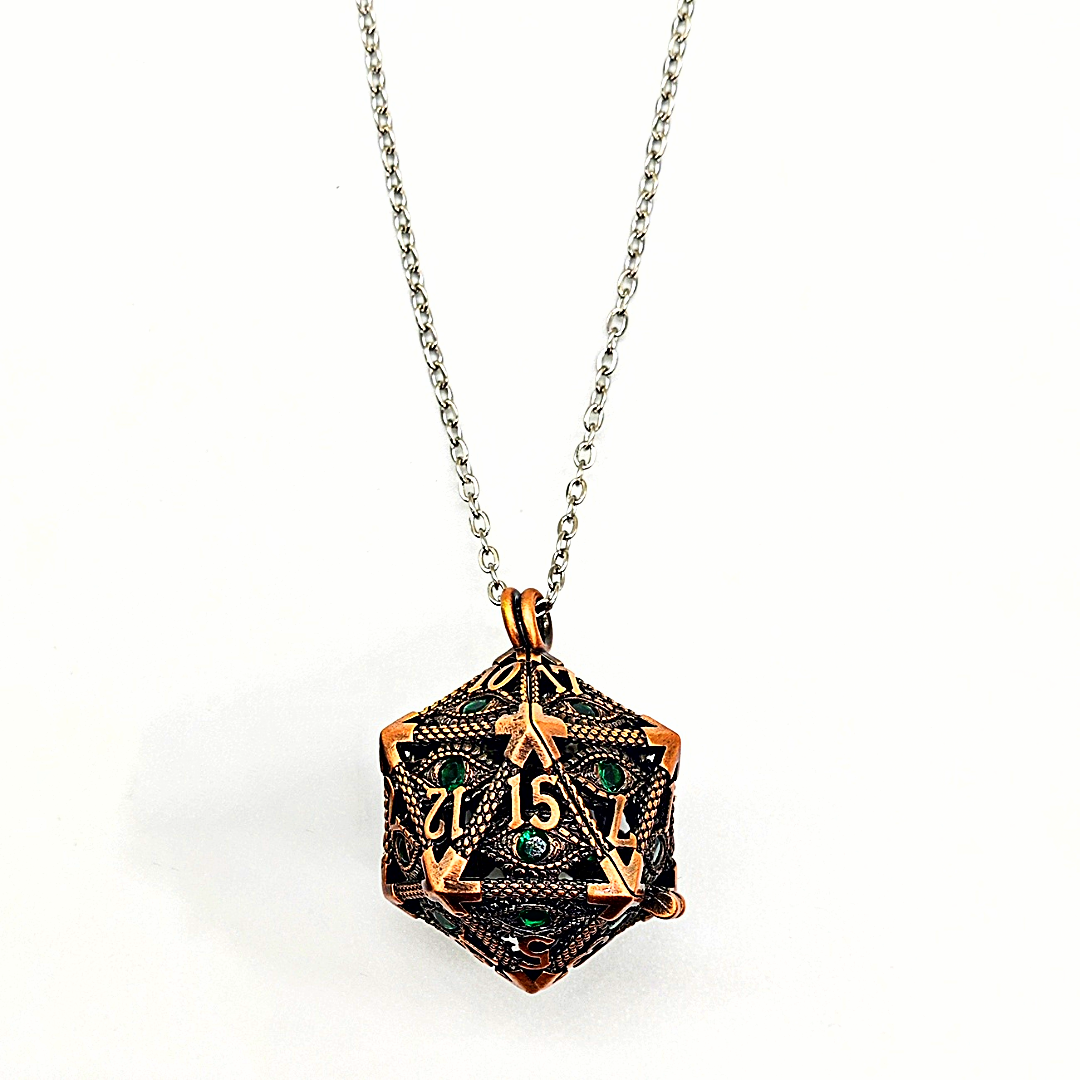 Arcadrel | Ancient Copper w/Green Eye | D20 Pendant with Mini Dice