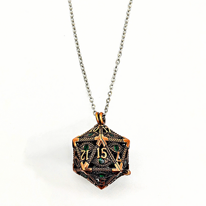 Arcadrel | Ancient Copper w/Green Eye | D20 Pendant with Mini Dice