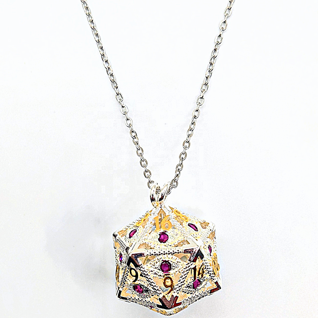 Arcadrel | Regal Silver w/Purple Eye | D20 Pendant with Mini Dice