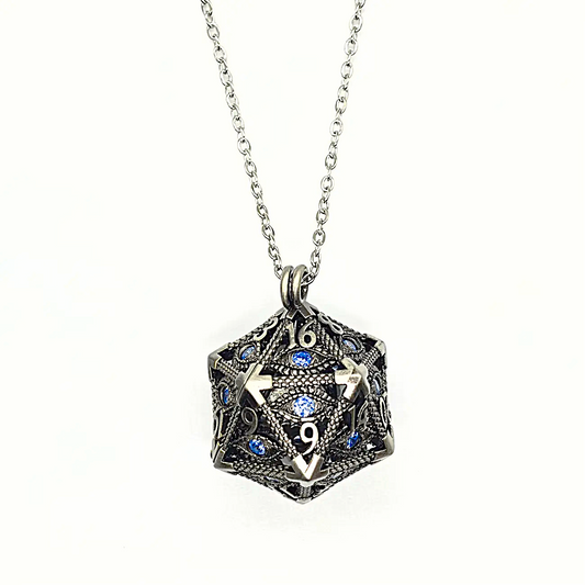 Arcadrel | Ancient Silver w/Blue Eye | D20 Pendant with Mini Dice