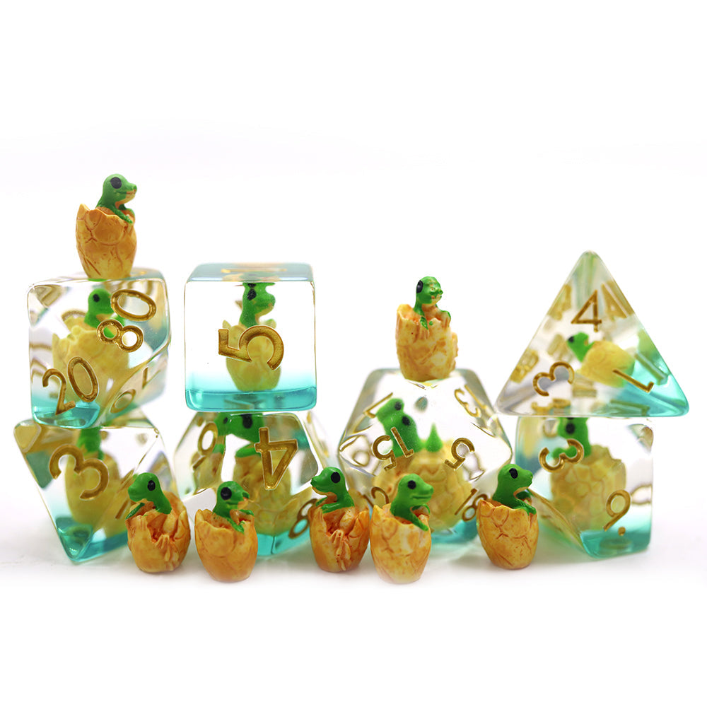 Green Hatchling Dragon | Resin Inclusion Dice | 7 Piece Set