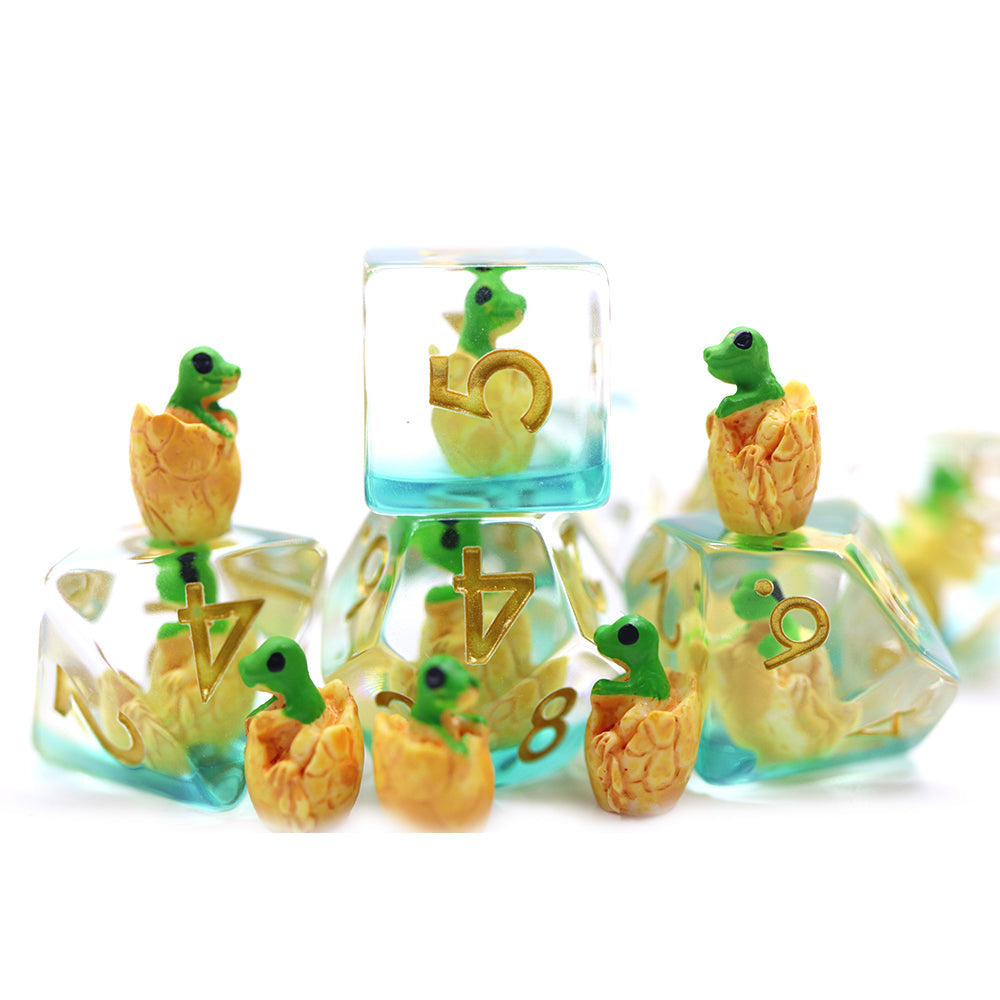 Green Hatchling Dragon | Resin Inclusion Dice | 7 Piece Set