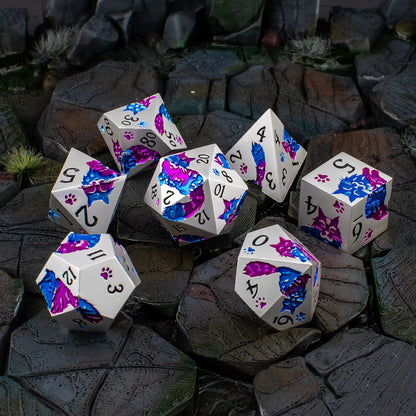 Goddammit Donut! – 7 Piece Metal DND Dice Set | Pearl Silver, Purple & Blue