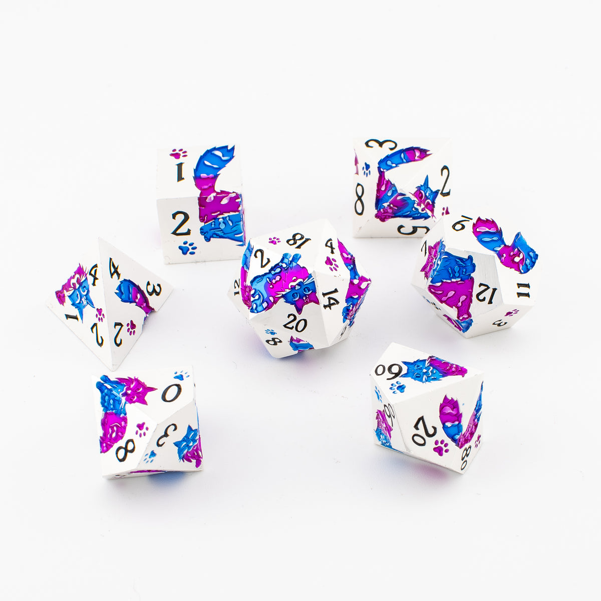 Goddammit Donut! – 7 Piece Metal DND Dice Set | Pearl Silver, Purple & Blue