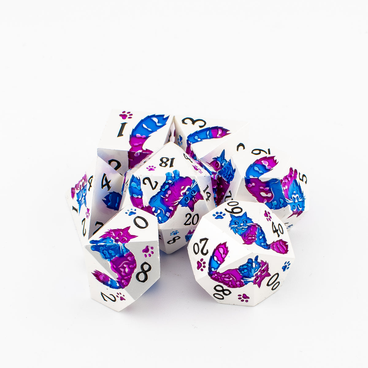 Goddammit Donut! – 7 Piece Metal DND Dice Set | Pearl Silver, Purple & Blue