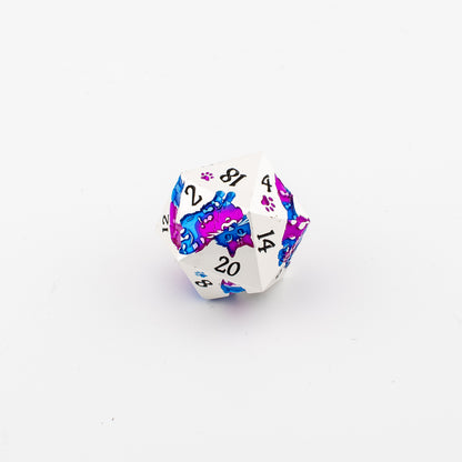 Goddammit Donut! – 7 Piece Metal DND Dice Set | Pearl Silver, Purple & Blue