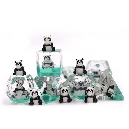 Playful Pandas | Resin Inclusion Dice | 7 Piece Set