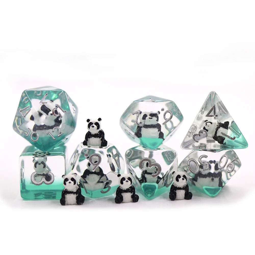 Playful Pandas | Resin Inclusion Dice | 7 Piece Set