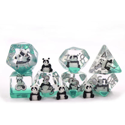Playful Pandas | Resin Inclusion Dice | 7 Piece Set