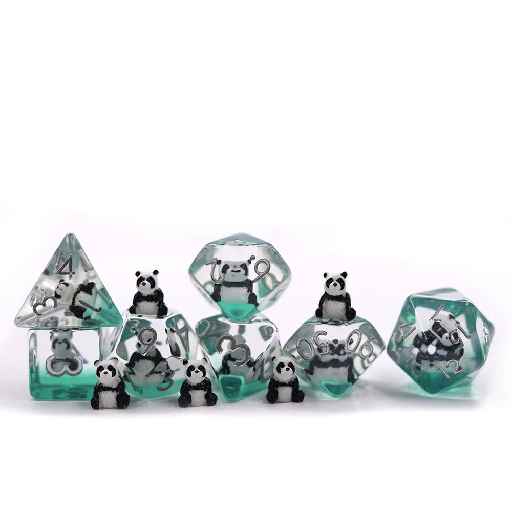 Playful Pandas | Resin Inclusion Dice | 7 Piece Set