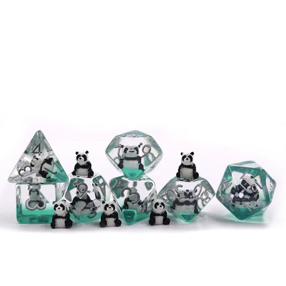 Playful Pandas | Resin Inclusion Dice | 7 Piece Set