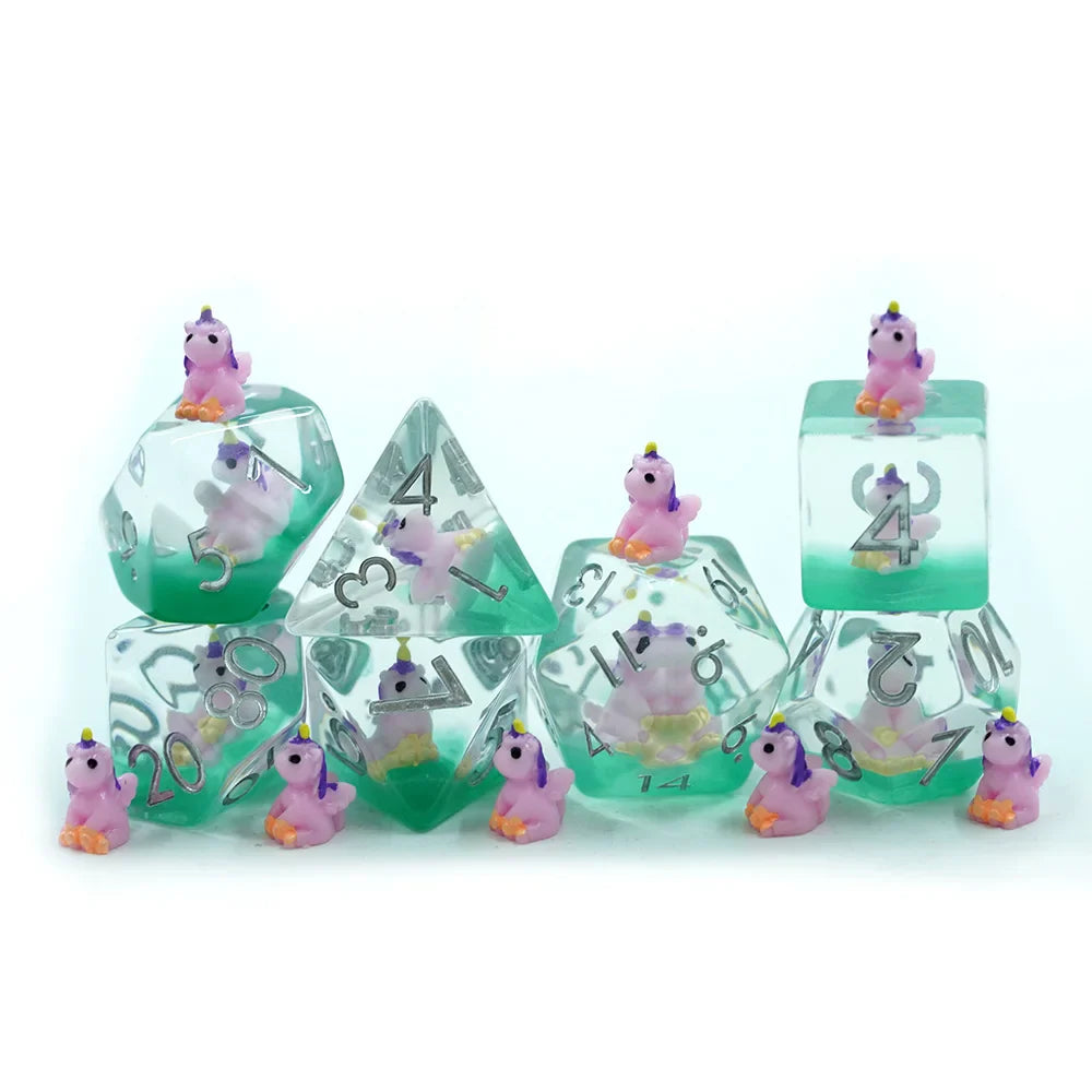 Purple Unicorns | Resin Inclusion Dice | 7 Piece Set
