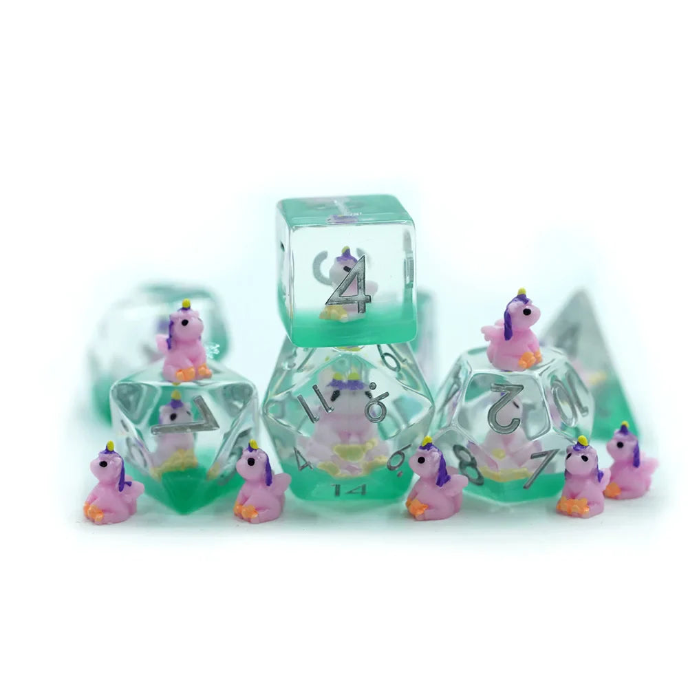 Purple Unicorns | Resin Inclusion Dice | 7 Piece Set