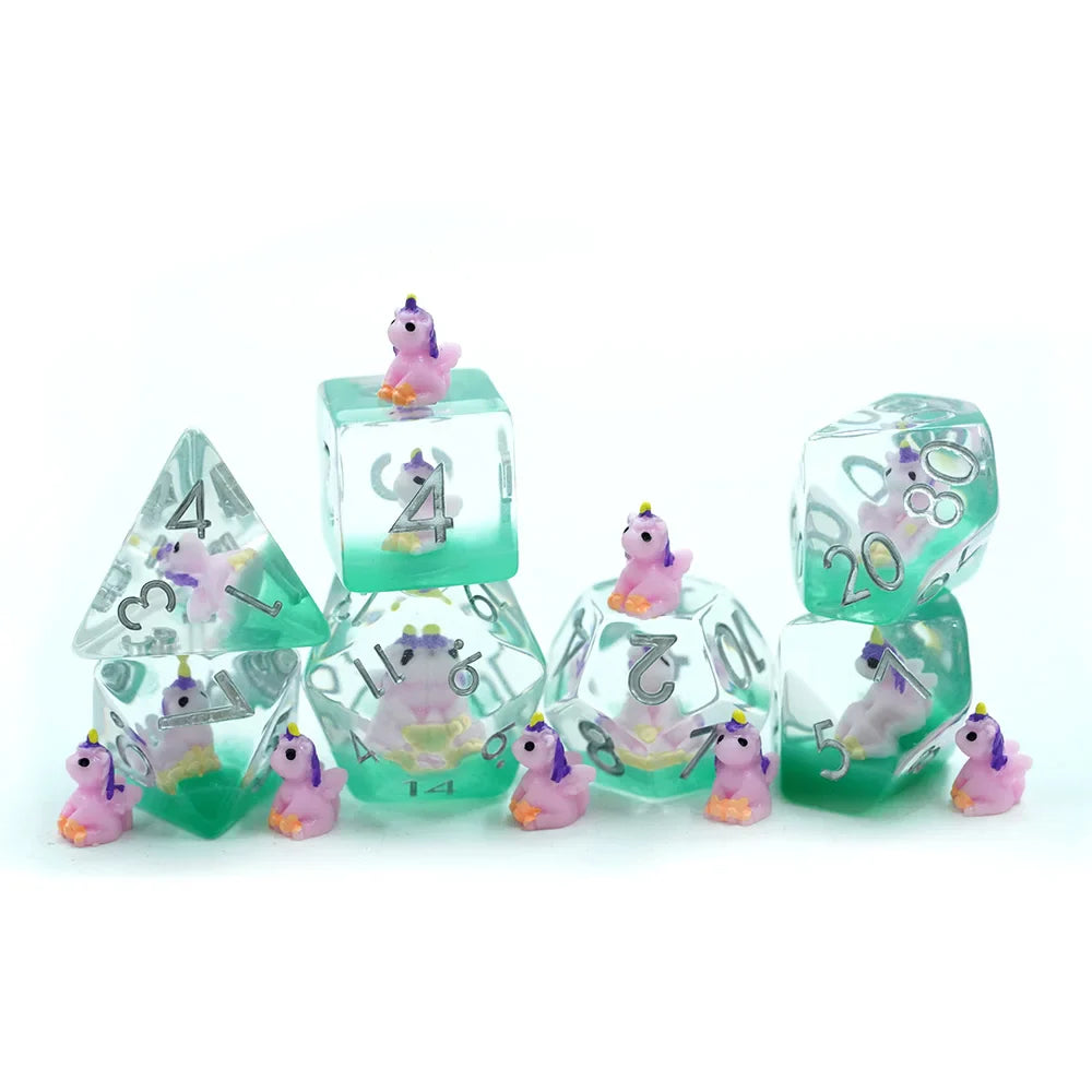 Purple Unicorns | Resin Inclusion Dice | 7 Piece Set