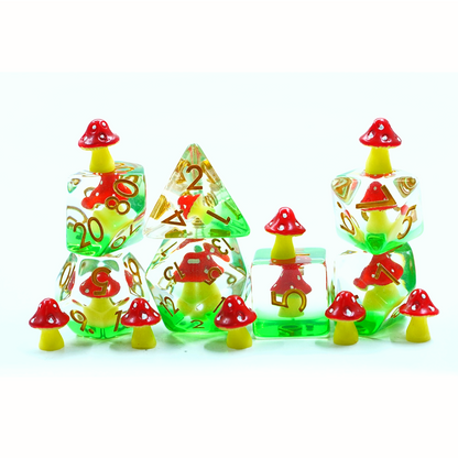 Red Mushies & Grass | Resin Inclusion Dice | 7 Piece Set
