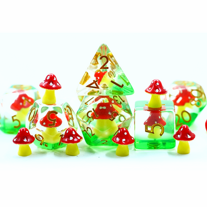 Red Mushies & Grass | Resin Inclusion Dice | 7 Piece Set