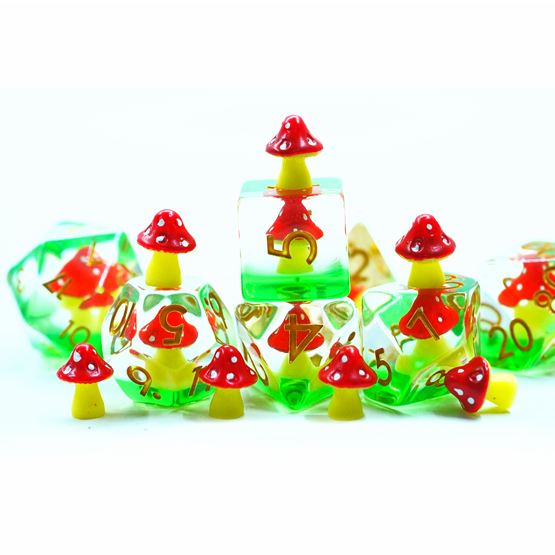 Red Mushies & Grass | Resin Inclusion Dice | 7 Piece Set
