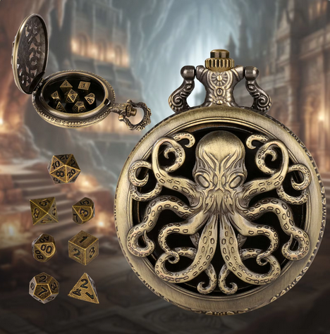 Cthulhu's Grasp | Pocket Watch Dice Case | Mini Dice | Ancient Gold