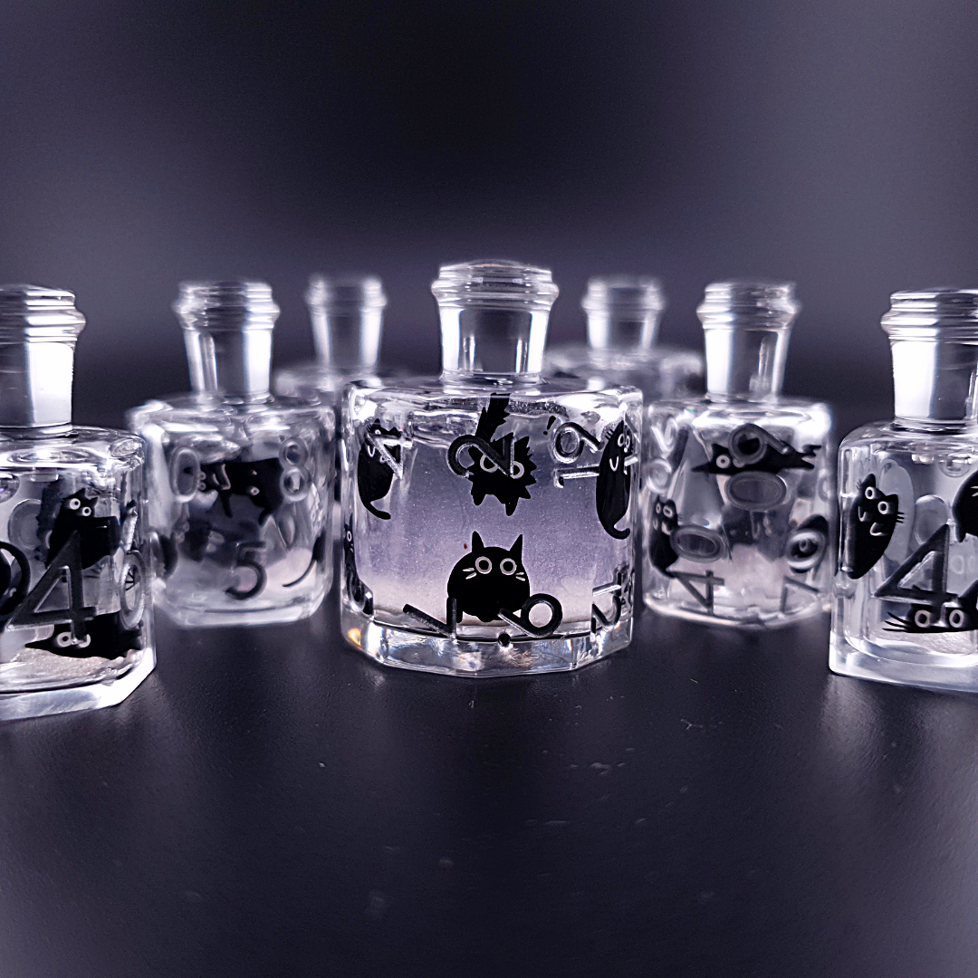 Elixir of Fortune | Black Cat Potion Bottle Dice | Liquid Core | 7 Piece Dice Set