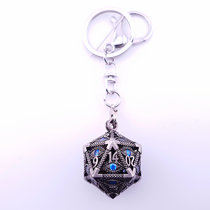 Vaultstone | D20 Keyring w/Mini Dice | Ancient Silver/Blue Eye
