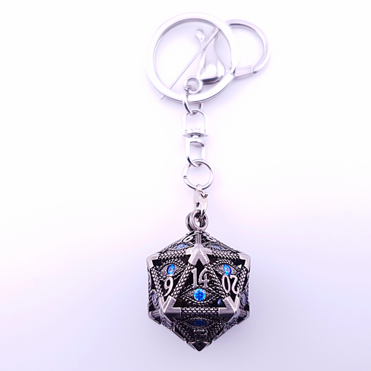 Vaultstone | D20 Keyring w/Mini Dice | Ancient Silver/Blue Eye