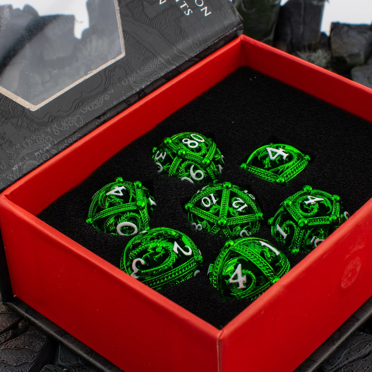 Emerald Wyrm Cage | Hollow Metal D&D Dice Set | 7 Piece