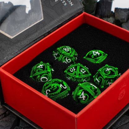 Emerald Wyrm Cage | Hollow Metal D&D Dice Set | 7 Piece