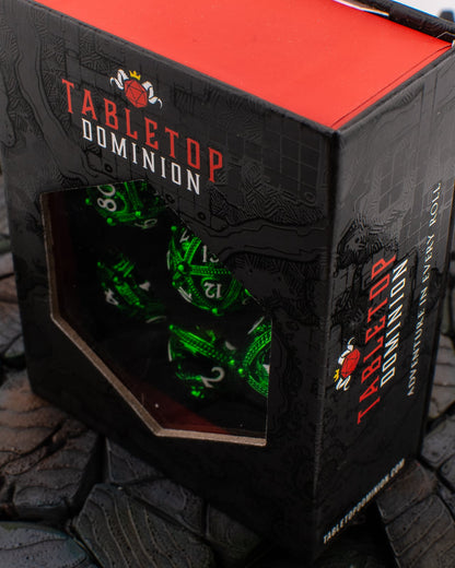 Emerald Wyrm Cage | Hollow Metal D&D Dice Set | 7 Piece