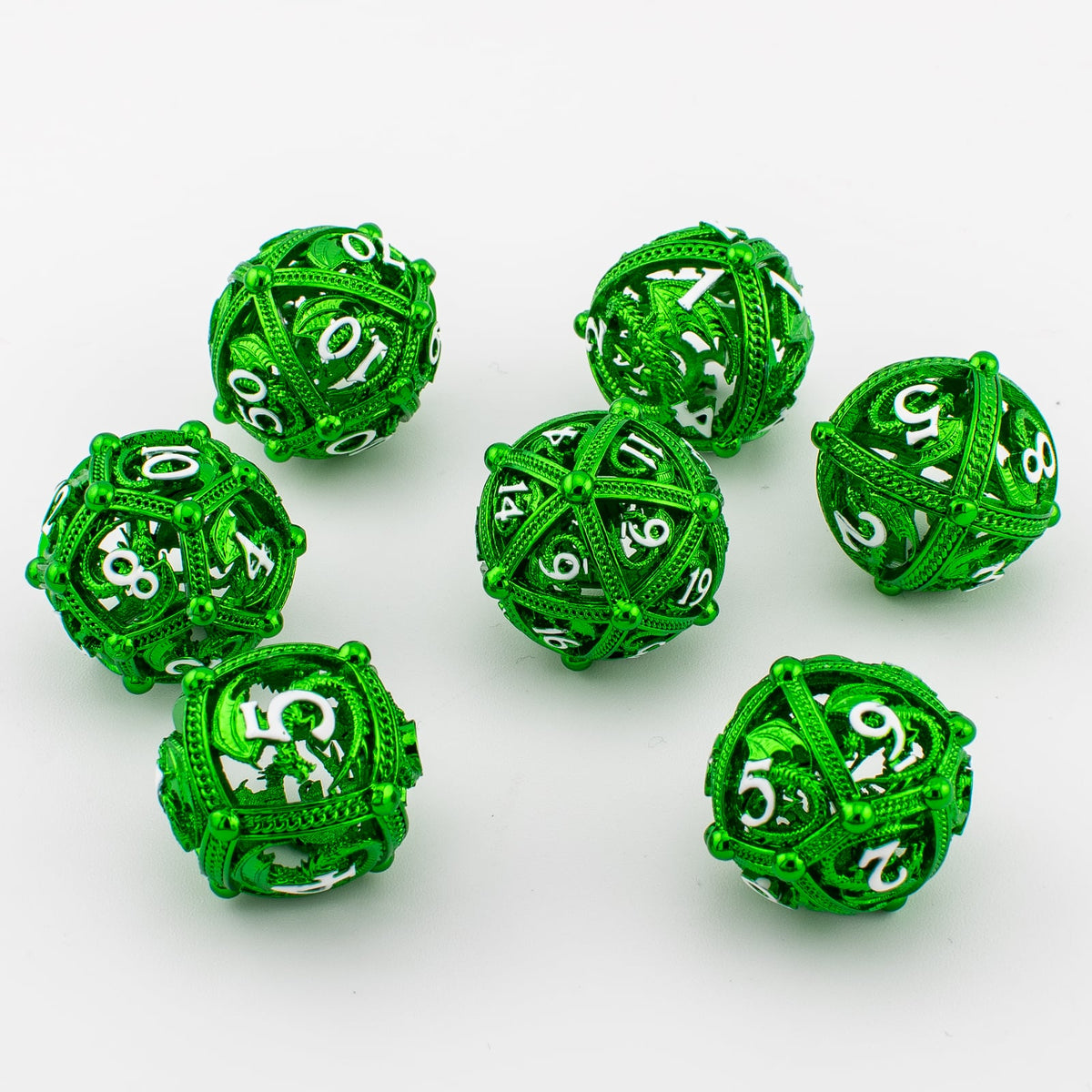 Emerald Wyrm Cage | Hollow Metal D&D Dice Set | 7 Piece