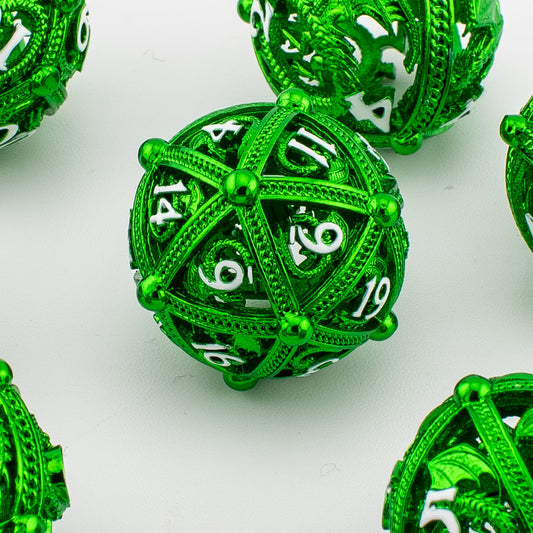 Emerald Wyrm Cage | Hollow Metal D&D Dice Set | 7 Piece